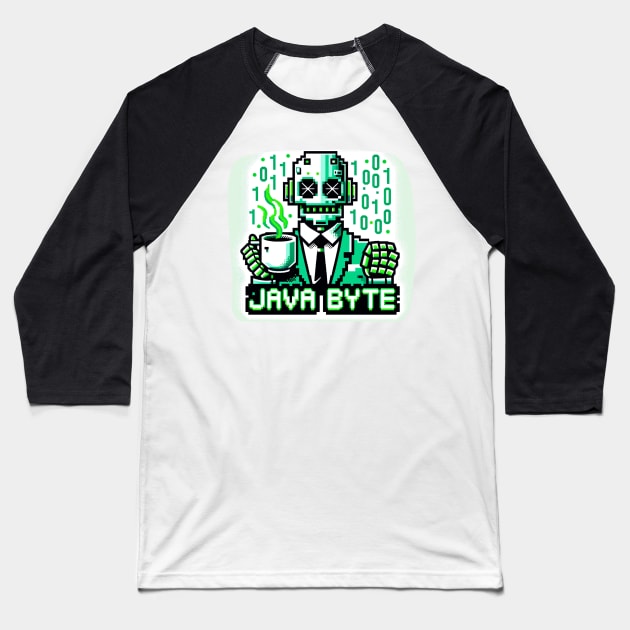 Pixel Robot Coffee Quest - 8-Bit Cyber Java Baseball T-Shirt by Pixel Punkster